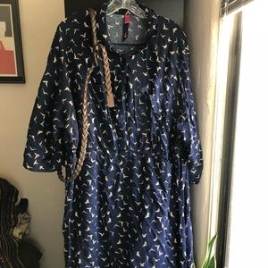 Pure Energy Shirt Dress Navy Blue Birds Belt Sz 4